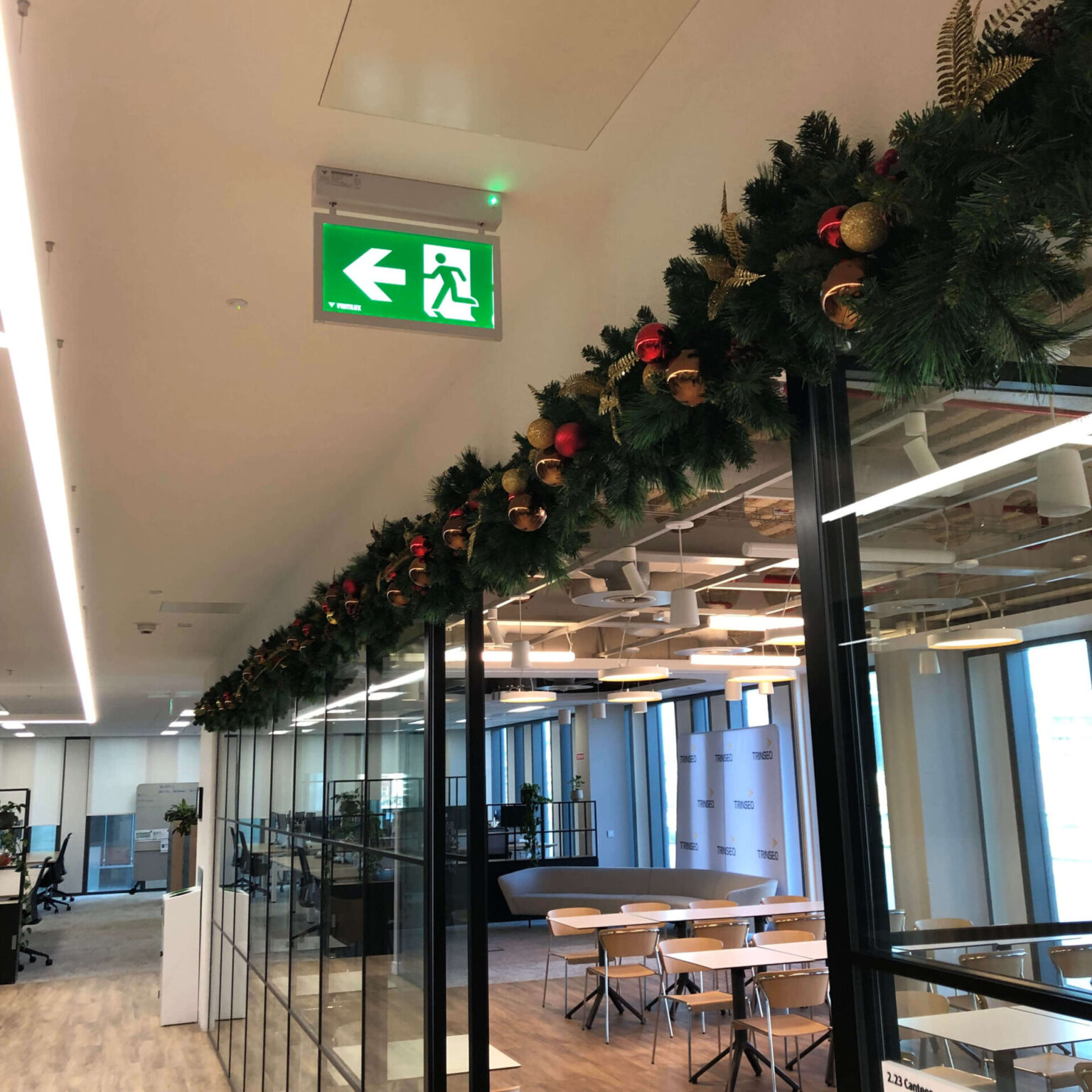 Elegant office reception Christmas décor and garland installed for a Dublin business
